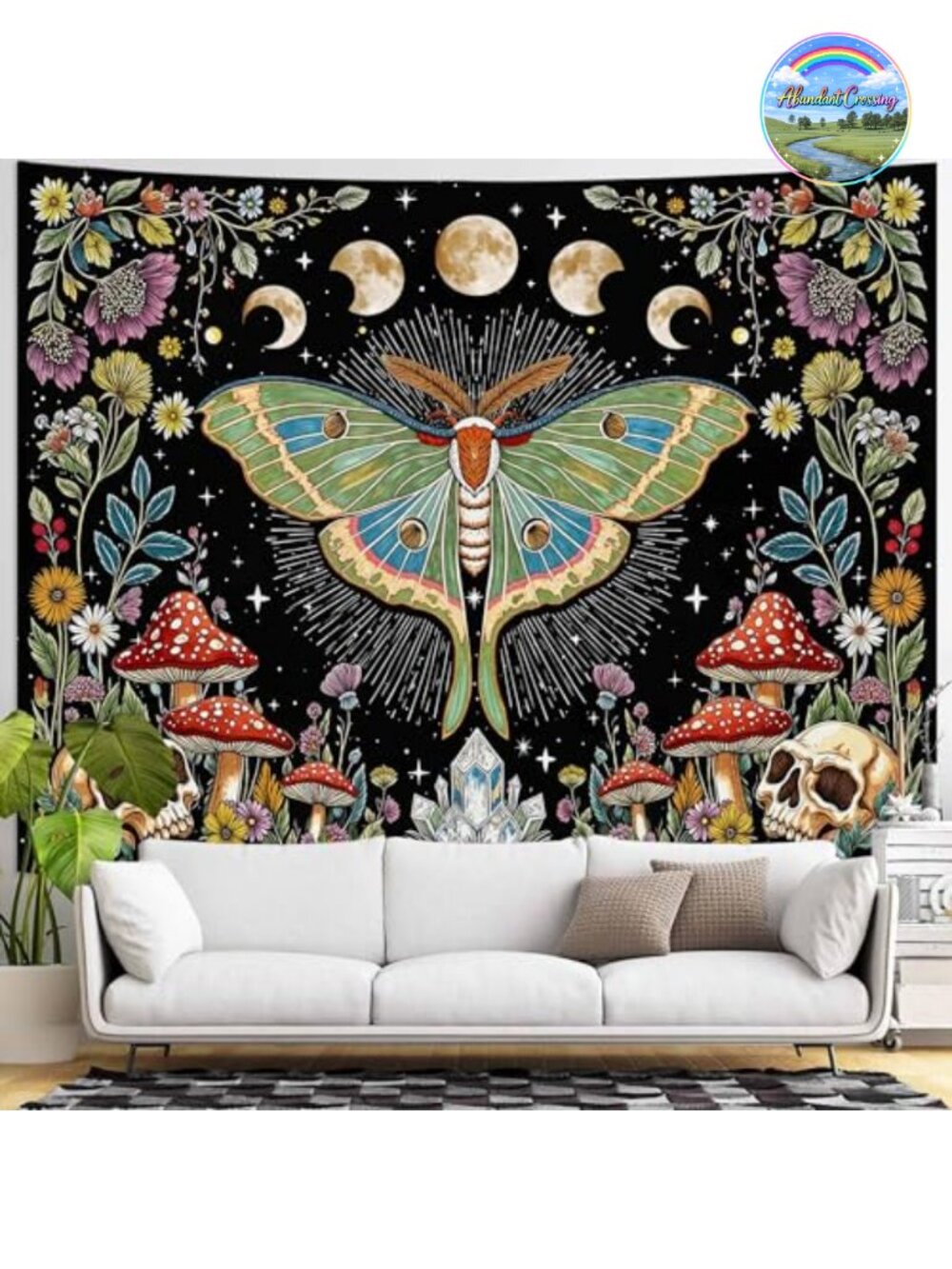 Boho Moth Tapestry Polyester Wall Hanging XL 90x68 Hippie Skull Mushroom Decor